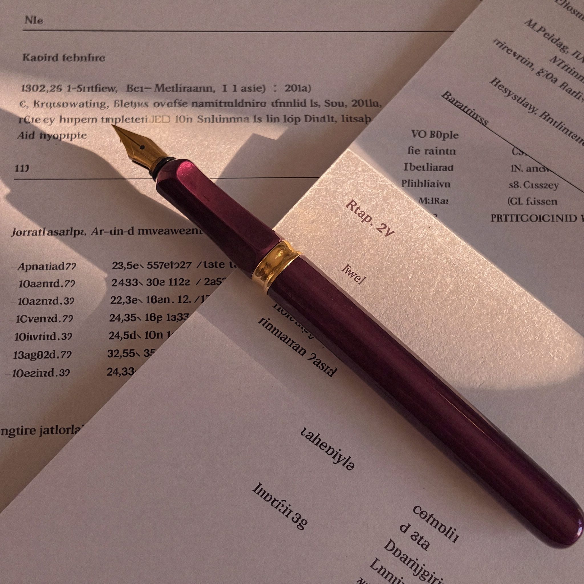 Close-up of financial statements and a fountain pen on a Kordavi desk